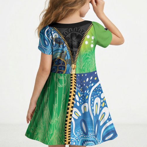 Australian South Sea Islanders National Recognition Day Kid Short Sleeve Dress Aussie Sugar Cane Turtle Aboriginal Style
