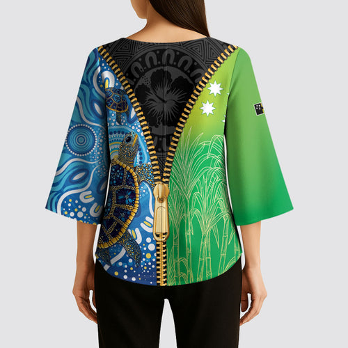 Australian South Sea Islanders National Recognition Day Kimono Sleeve Blouse Aussie Sugar Cane Turtle Aboriginal Style