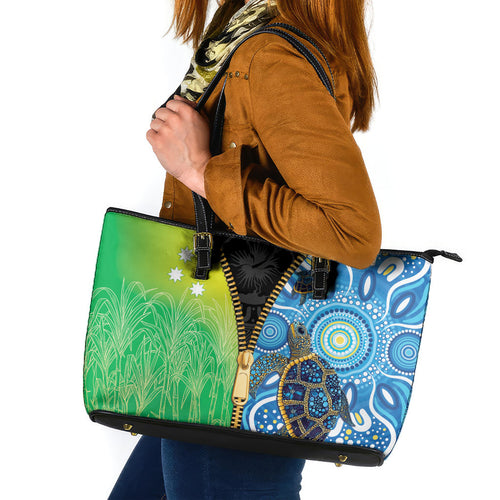 Australian South Sea Islanders National Recognition Day Leather Tote Bag Aussie Sugar Cane Turtle Aboriginal Style