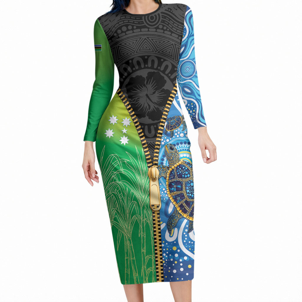 Australian South Sea Islanders National Recognition Day Long Sleeve Bodycon Dress Aussie Sugar Cane Turtle Aboriginal Style