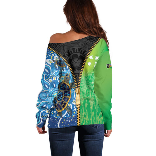 Australian South Sea Islanders National Recognition Day Off Shoulder Sweater Aussie Sugar Cane Turtle Aboriginal Style