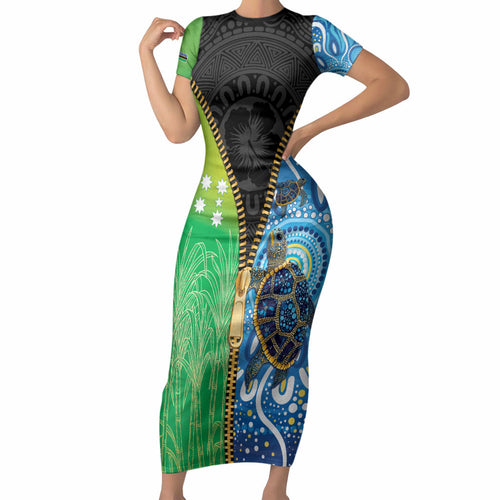 Australian South Sea Islanders National Recognition Day Short Sleeve Bodycon Dress Aussie Sugar Cane Turtle Aboriginal Style