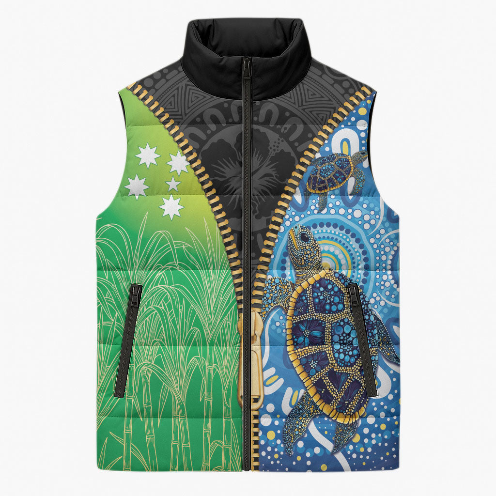 Australian South Sea Islanders National Recognition Day Sleeveless Puffer Jacket Aussie Sugar Cane Turtle Aboriginal Style