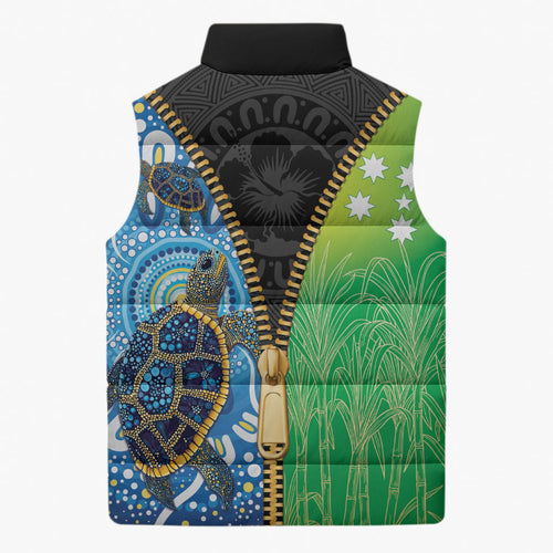 Australian South Sea Islanders National Recognition Day Sleeveless Puffer Jacket Aussie Sugar Cane Turtle Aboriginal Style