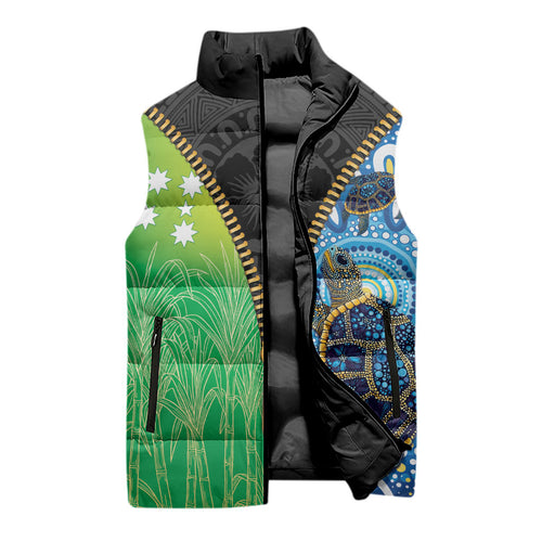Australian South Sea Islanders National Recognition Day Sleeveless Puffer Jacket Aussie Sugar Cane Turtle Aboriginal Style