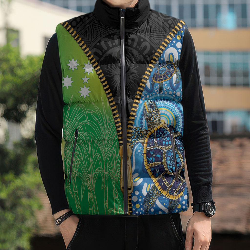 Australian South Sea Islanders National Recognition Day Sleeveless Puffer Jacket Aussie Sugar Cane Turtle Aboriginal Style