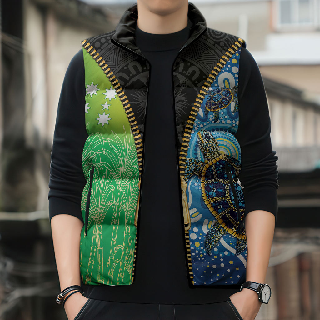Australian South Sea Islanders National Recognition Day Sleeveless Puffer Jacket Aussie Sugar Cane Turtle Aboriginal Style