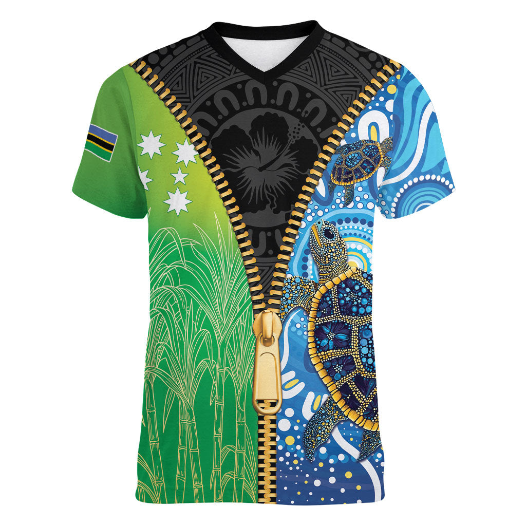 Australian South Sea Islanders National Recognition Day Women V-Neck T-Shirt Aussie Sugar Cane Turtle Aboriginal Style