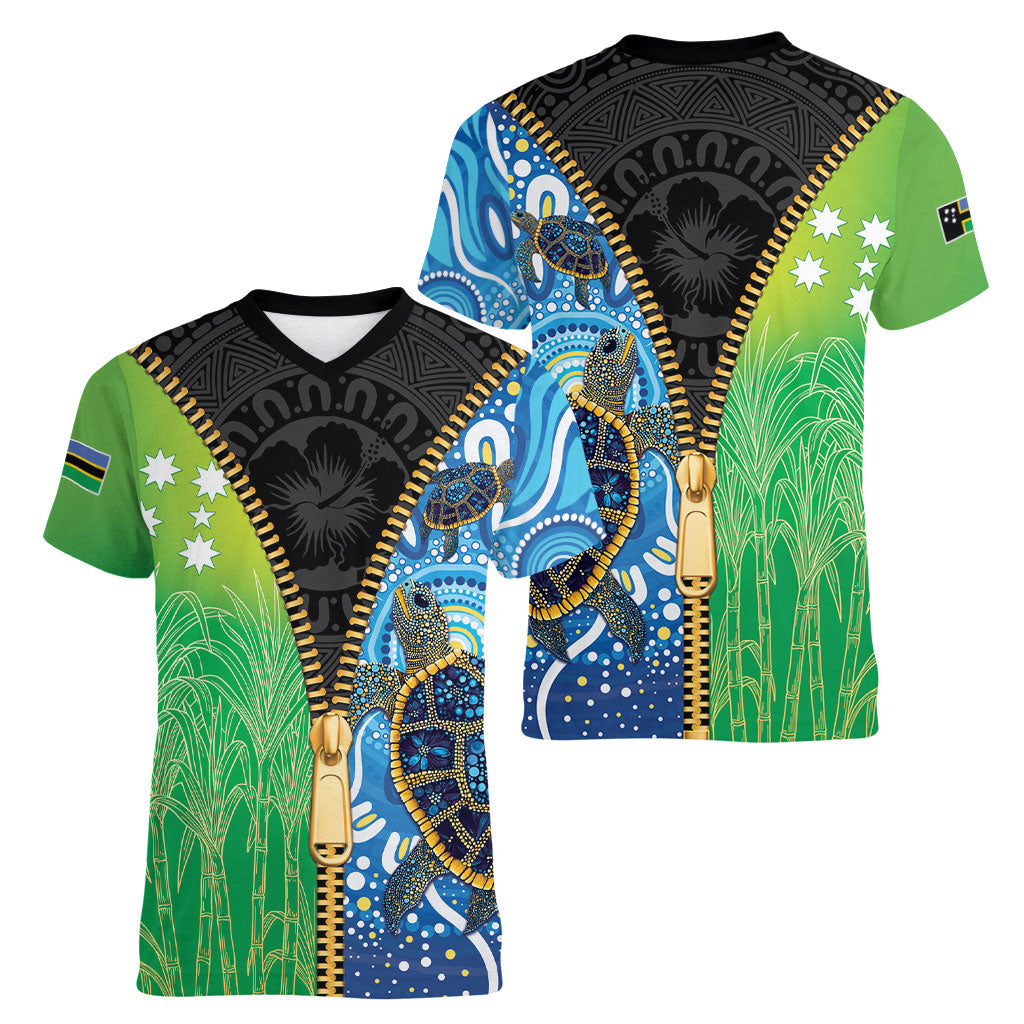 Australian South Sea Islanders National Recognition Day Women V-Neck T-Shirt Aussie Sugar Cane Turtle Aboriginal Style
