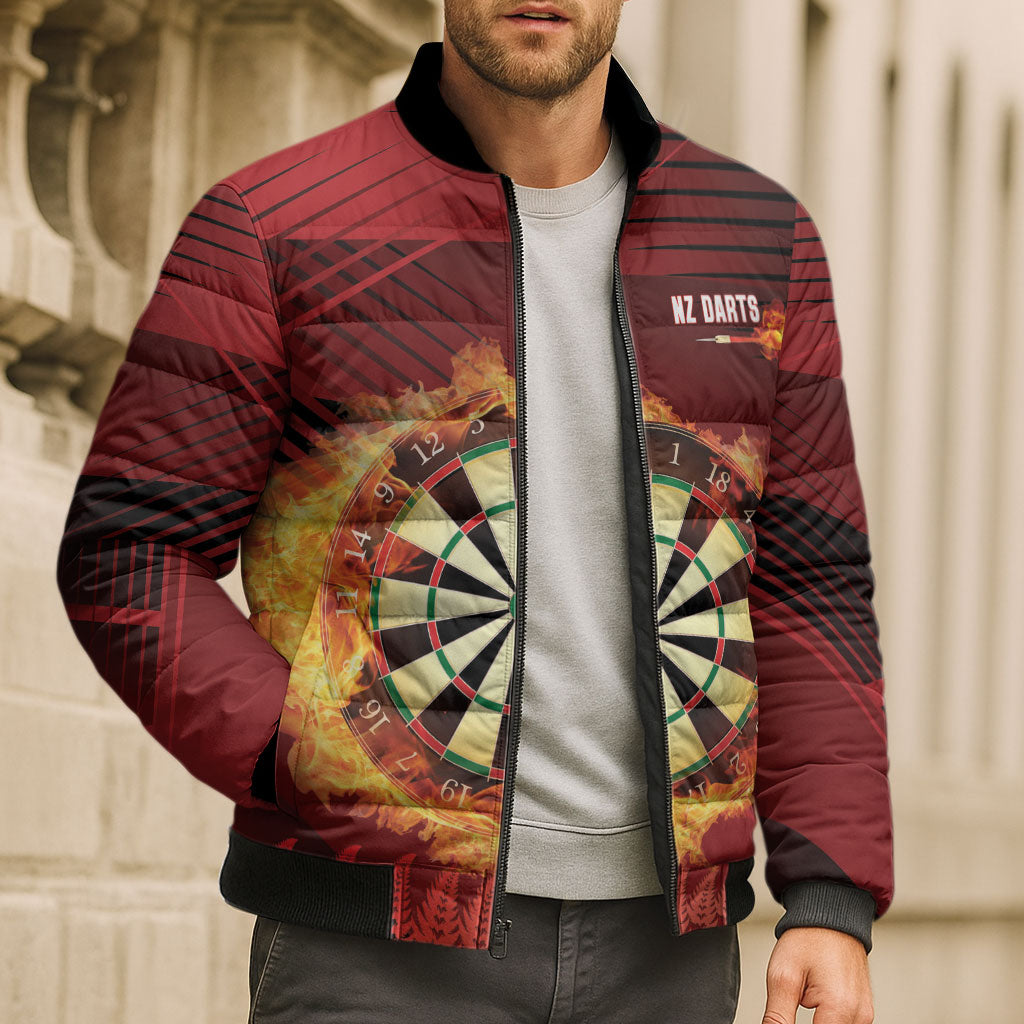 Personalised Darts New Zealand Bomber Puffer Jacket Silver Fern Red Color