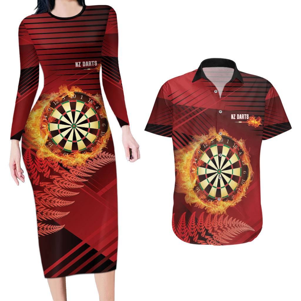 Personalised Darts New Zealand Couples Matching Long Sleeve Bodycon Dress and Hawaiian Shirt Silver Fern Red Color