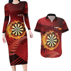 Personalised Darts New Zealand Couples Matching Long Sleeve Bodycon Dress and Hawaiian Shirt Silver Fern Red Color