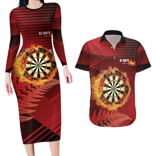 Personalised Darts New Zealand Couples Matching Long Sleeve Bodycon Dress and Hawaiian Shirt Silver Fern Red Color