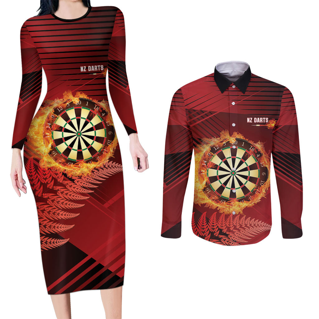 Personalised Darts New Zealand Couples Matching Long Sleeve Bodycon Dress and Long Sleeve Button Shirt Silver Fern Red Color
