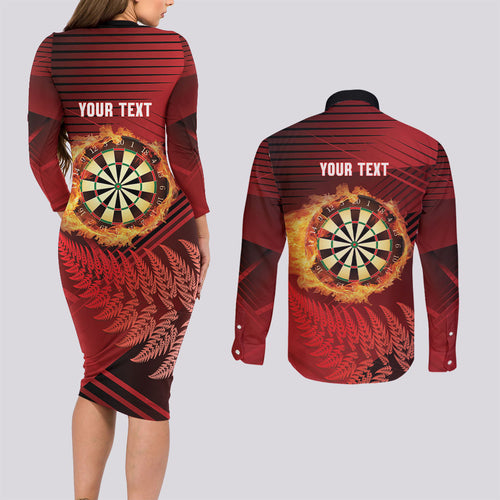 Personalised Darts New Zealand Couples Matching Long Sleeve Bodycon Dress and Long Sleeve Button Shirt Silver Fern Red Color