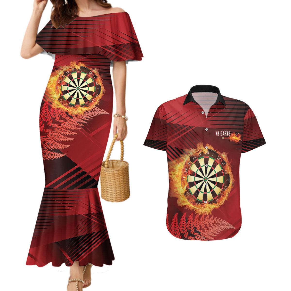 Personalised Darts New Zealand Couples Matching Mermaid Dress and Hawaiian Shirt Silver Fern Red Color