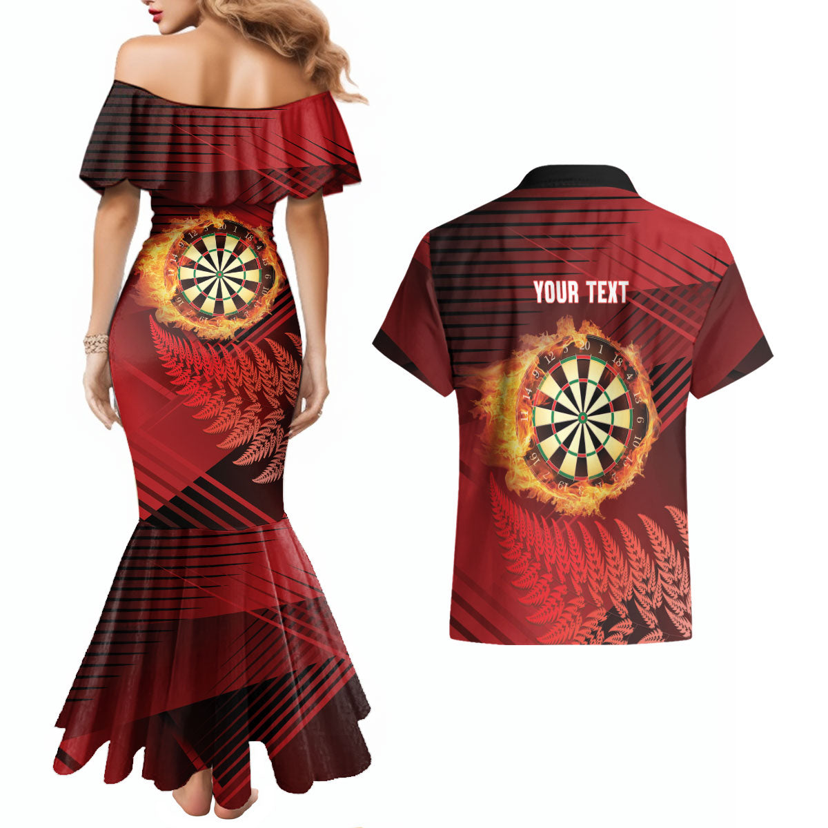 Personalised Darts New Zealand Couples Matching Mermaid Dress and Hawaiian Shirt Silver Fern Red Color