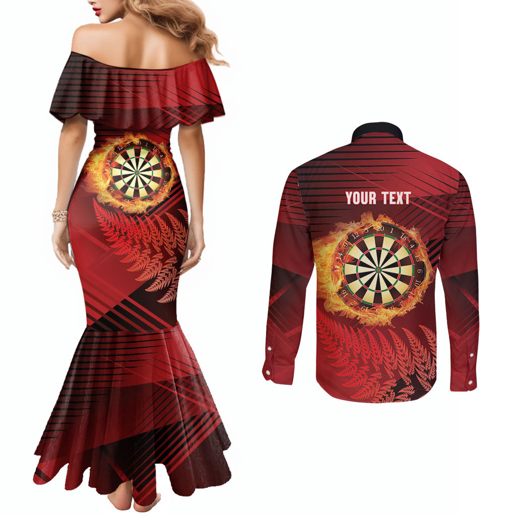 Personalised Darts New Zealand Couples Matching Mermaid Dress and Long Sleeve Button Shirt Silver Fern Red Color