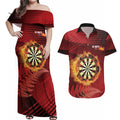 Personalised Darts New Zealand Couples Matching Off Shoulder Maxi Dress and Hawaiian Shirt Silver Fern Red Color