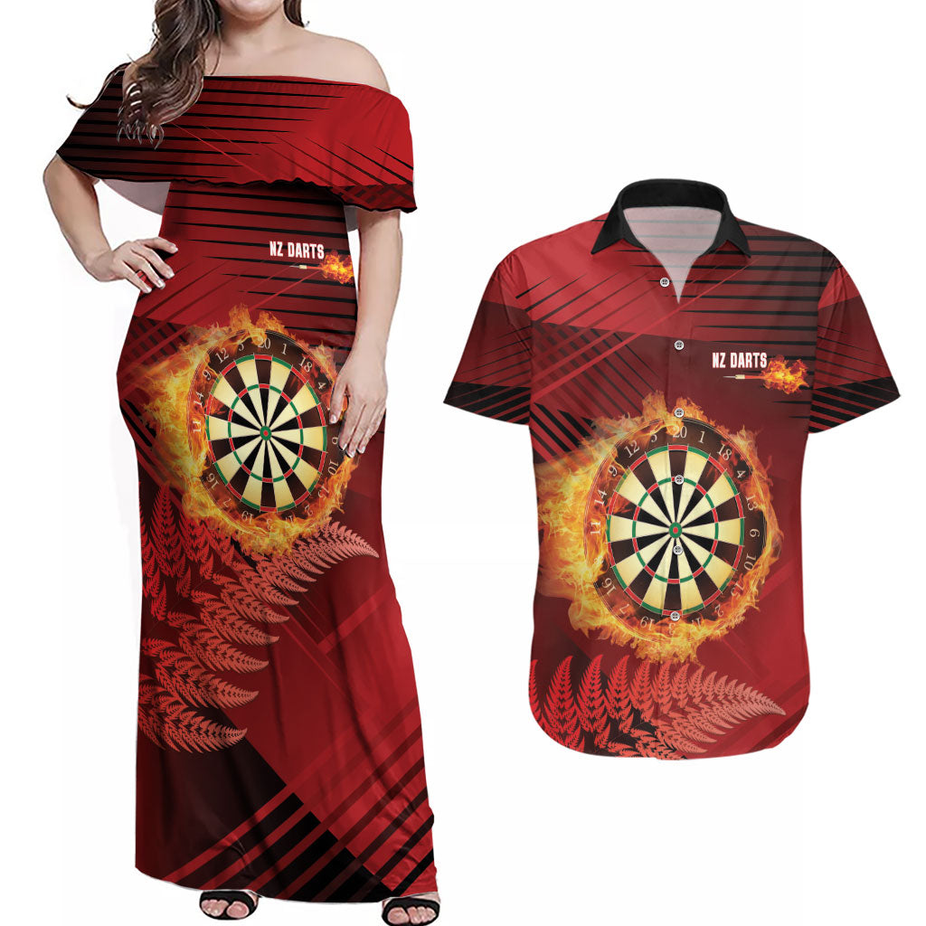 Personalised Darts New Zealand Couples Matching Off Shoulder Maxi Dress and Hawaiian Shirt Silver Fern Red Color
