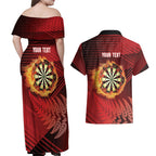 Personalised Darts New Zealand Couples Matching Off Shoulder Maxi Dress and Hawaiian Shirt Silver Fern Red Color