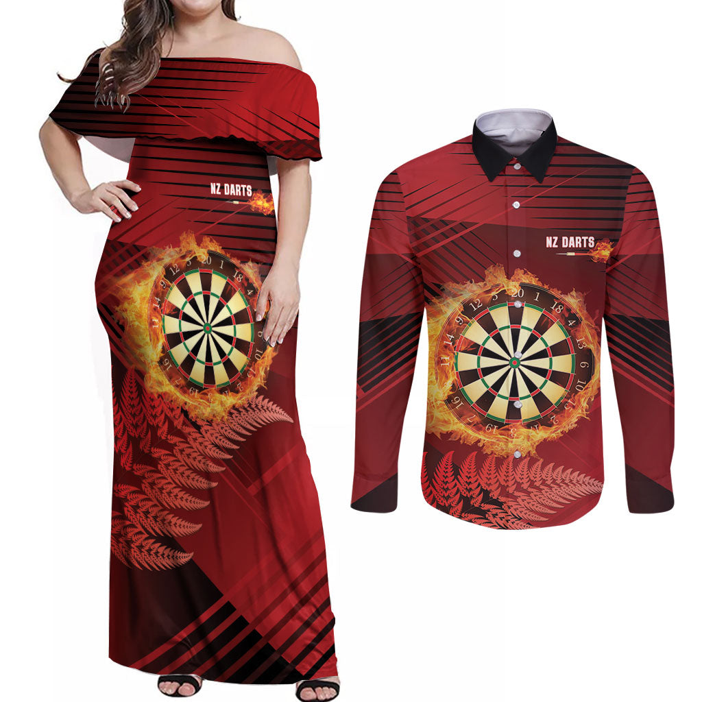 Personalised Darts New Zealand Couples Matching Off Shoulder Maxi Dress and Long Sleeve Button Shirt Silver Fern Red Color