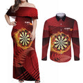 Personalised Darts New Zealand Couples Matching Off Shoulder Maxi Dress and Long Sleeve Button Shirt Silver Fern Red Color