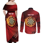 Personalised Darts New Zealand Couples Matching Off Shoulder Maxi Dress and Long Sleeve Button Shirt Silver Fern Red Color