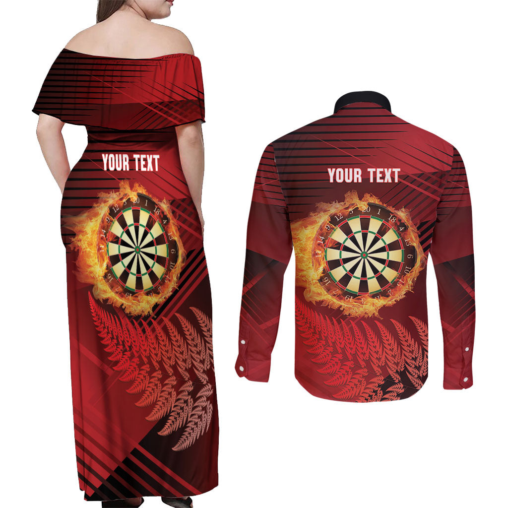 Personalised Darts New Zealand Couples Matching Off Shoulder Maxi Dress and Long Sleeve Button Shirt Silver Fern Red Color