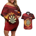 Personalised Darts New Zealand Couples Matching Off Shoulder Short Dress and Hawaiian Shirt Silver Fern Red Color
