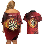 Personalised Darts New Zealand Couples Matching Off Shoulder Short Dress and Hawaiian Shirt Silver Fern Red Color