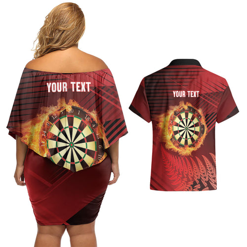 Personalised Darts New Zealand Couples Matching Off Shoulder Short Dress and Hawaiian Shirt Silver Fern Red Color