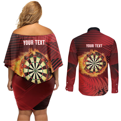 Personalised Darts New Zealand Couples Matching Off Shoulder Short Dress and Long Sleeve Button Shirt Silver Fern Red Color