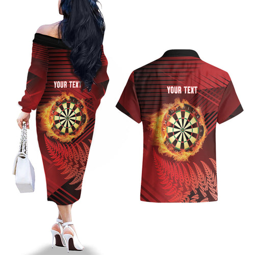 Personalised Darts New Zealand Couples Matching Off The Shoulder Long Sleeve Dress and Hawaiian Shirt Silver Fern Red Color