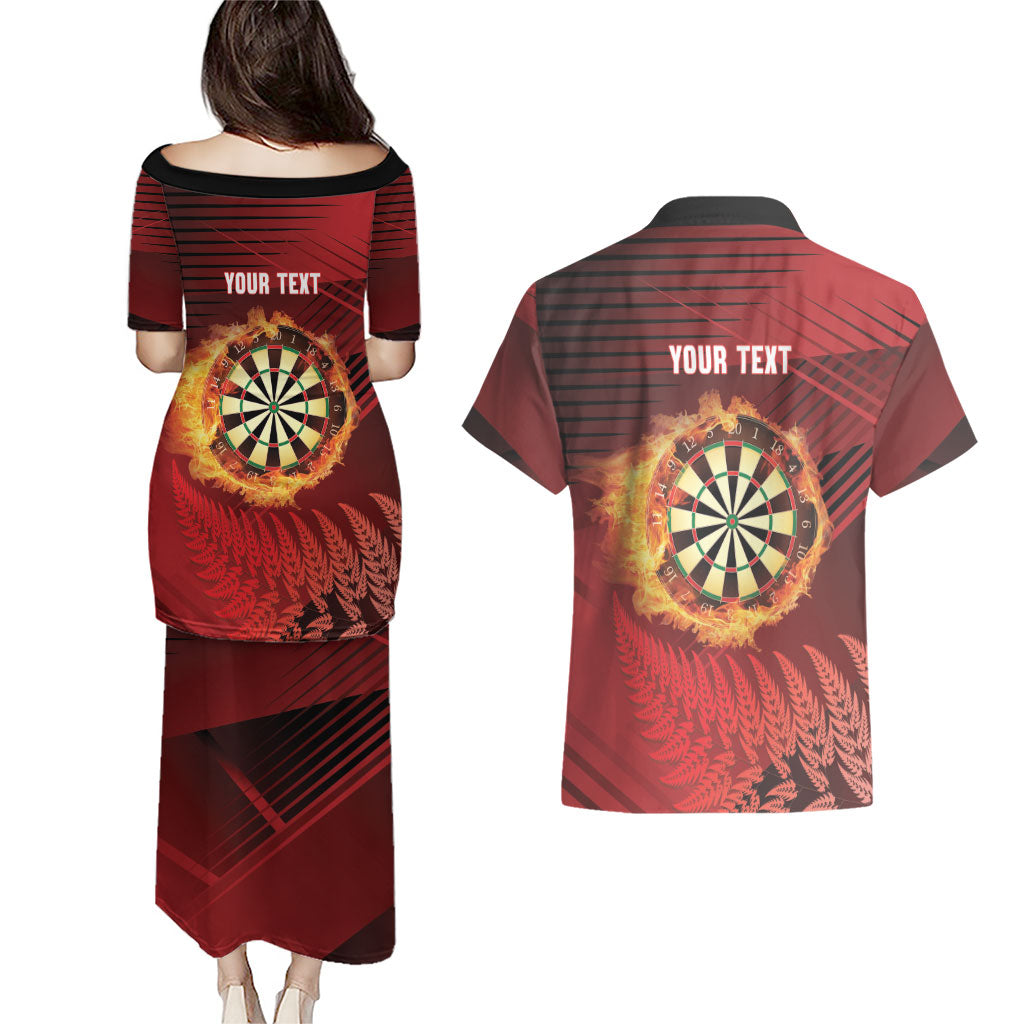 Personalised Darts New Zealand Couples Matching Puletasi and Hawaiian Shirt Silver Fern Red Color