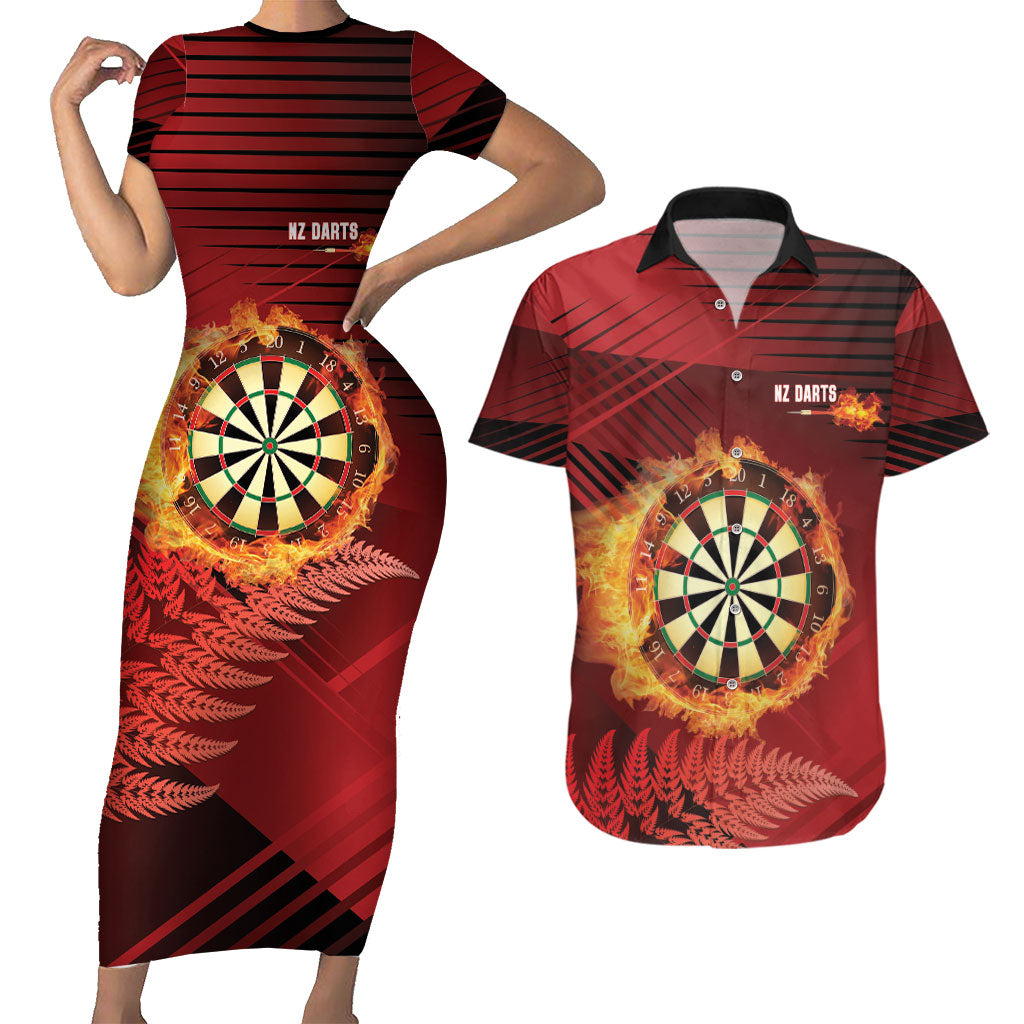 Personalised Darts New Zealand Couples Matching Short Sleeve Bodycon Dress and Hawaiian Shirt Silver Fern Red Color
