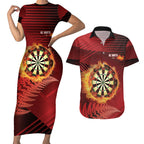 Personalised Darts New Zealand Couples Matching Short Sleeve Bodycon Dress and Hawaiian Shirt Silver Fern Red Color