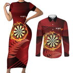 Personalised Darts New Zealand Couples Matching Short Sleeve Bodycon Dress and Long Sleeve Button Shirt Silver Fern Red Color