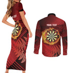 Personalised Darts New Zealand Couples Matching Short Sleeve Bodycon Dress and Long Sleeve Button Shirt Silver Fern Red Color