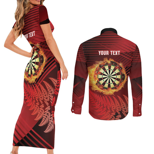 Personalised Darts New Zealand Couples Matching Short Sleeve Bodycon Dress and Long Sleeve Button Shirt Silver Fern Red Color