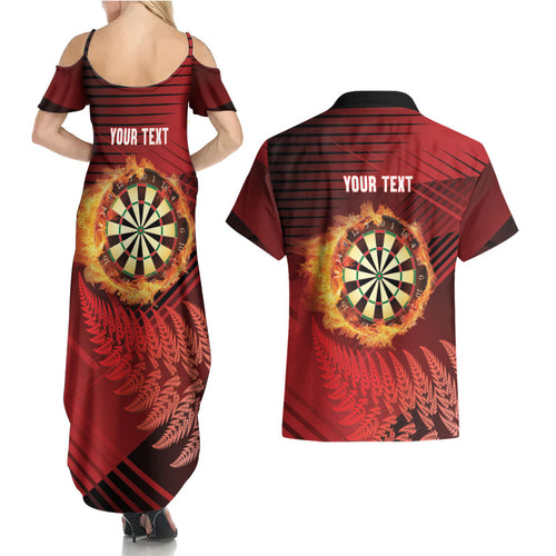 Personalised Darts New Zealand Couples Matching Summer Maxi Dress and Hawaiian Shirt Silver Fern Red Color