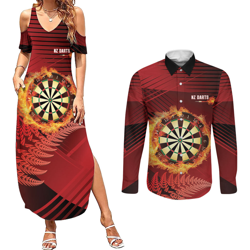 Personalised Darts New Zealand Couples Matching Summer Maxi Dress and Long Sleeve Button Shirt Silver Fern Red Color