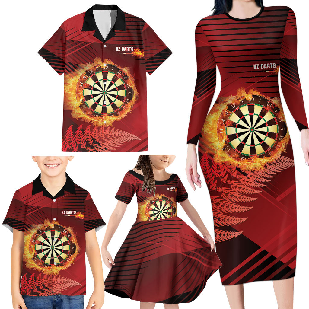 Personalised Darts New Zealand Family Matching Long Sleeve Bodycon Dress and Hawaiian Shirt Silver Fern Red Color