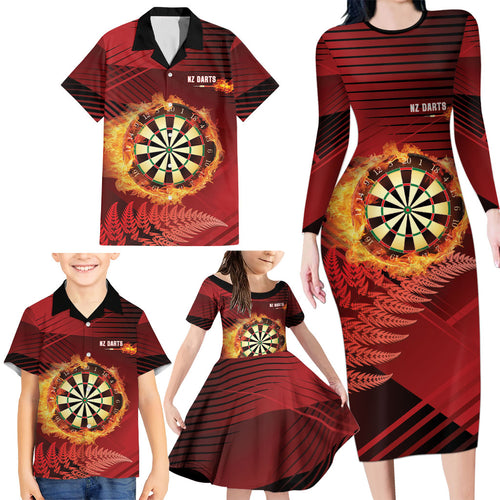 Personalised Darts New Zealand Family Matching Long Sleeve Bodycon Dress and Hawaiian Shirt Silver Fern Red Color