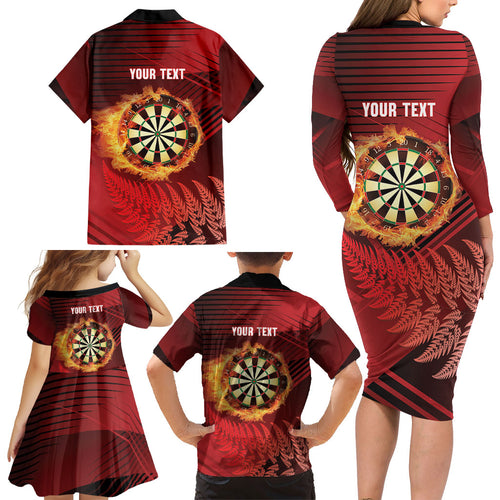 Personalised Darts New Zealand Family Matching Long Sleeve Bodycon Dress and Hawaiian Shirt Silver Fern Red Color
