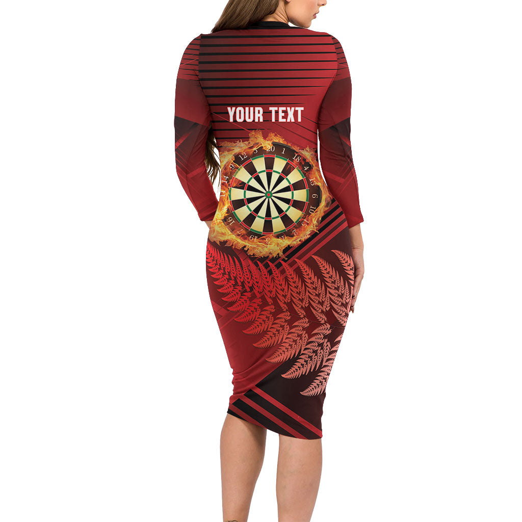 Personalised Darts New Zealand Family Matching Long Sleeve Bodycon Dress and Hawaiian Shirt Silver Fern Red Color