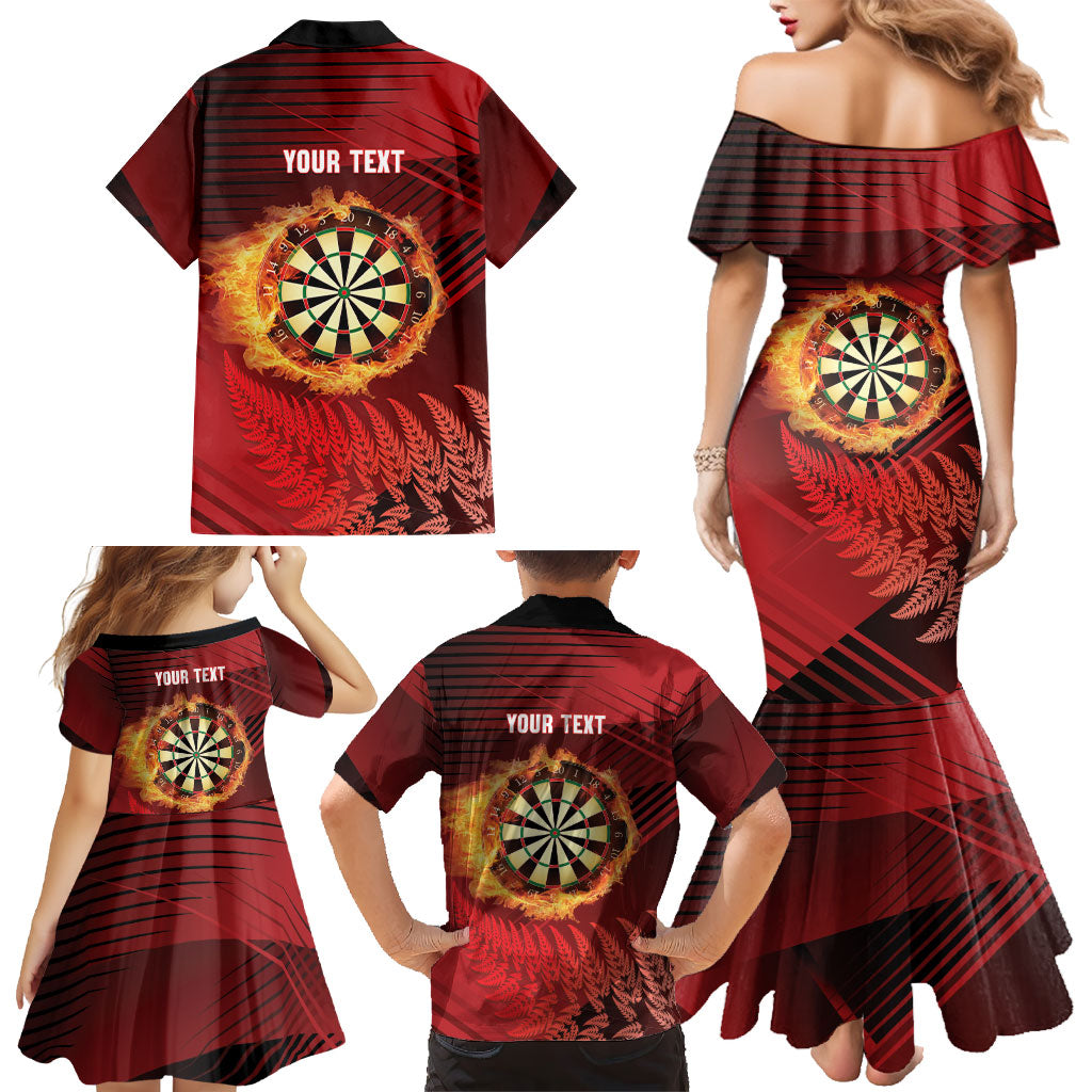 Personalised Darts New Zealand Family Matching Mermaid Dress and Hawaiian Shirt Silver Fern Red Color