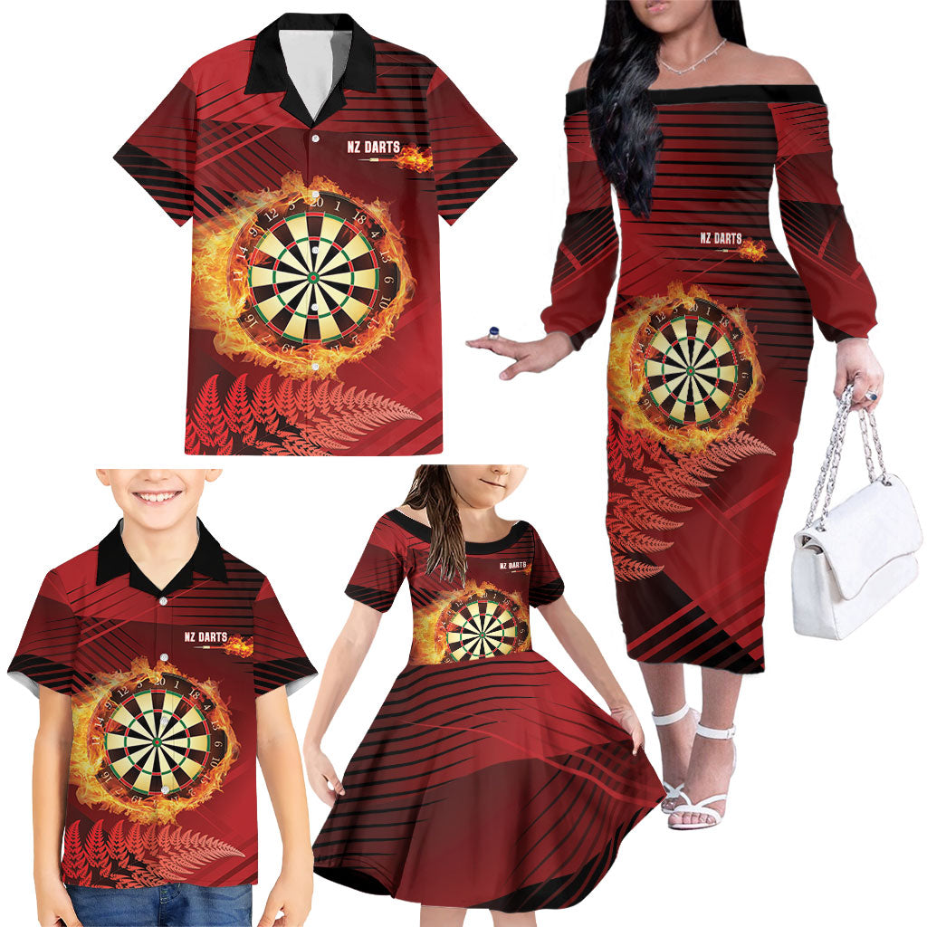 Personalised Darts New Zealand Family Matching Off The Shoulder Long Sleeve Dress and Hawaiian Shirt Silver Fern Red Color