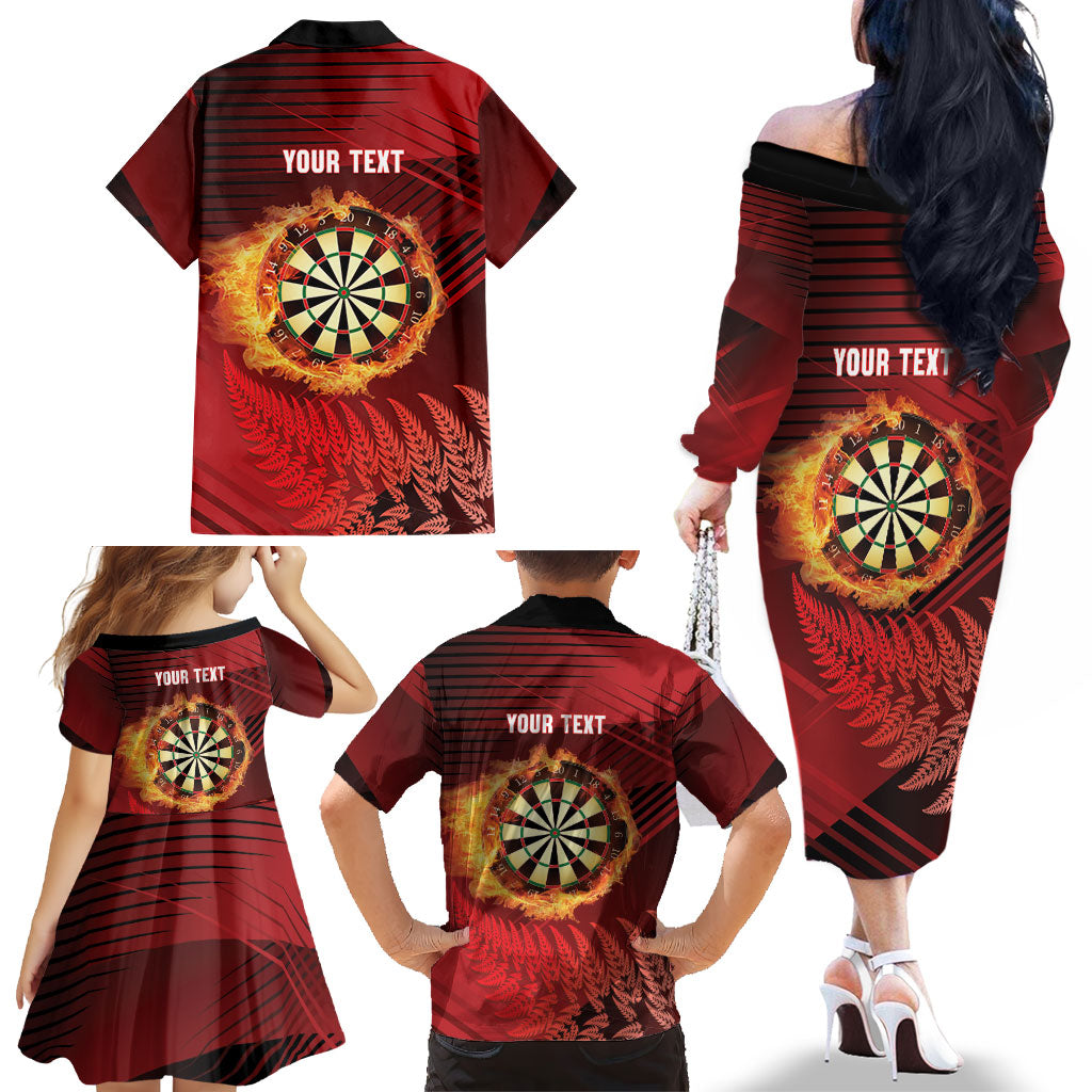 Personalised Darts New Zealand Family Matching Off The Shoulder Long Sleeve Dress and Hawaiian Shirt Silver Fern Red Color