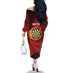 Personalised Darts New Zealand Family Matching Off The Shoulder Long Sleeve Dress and Hawaiian Shirt Silver Fern Red Color
